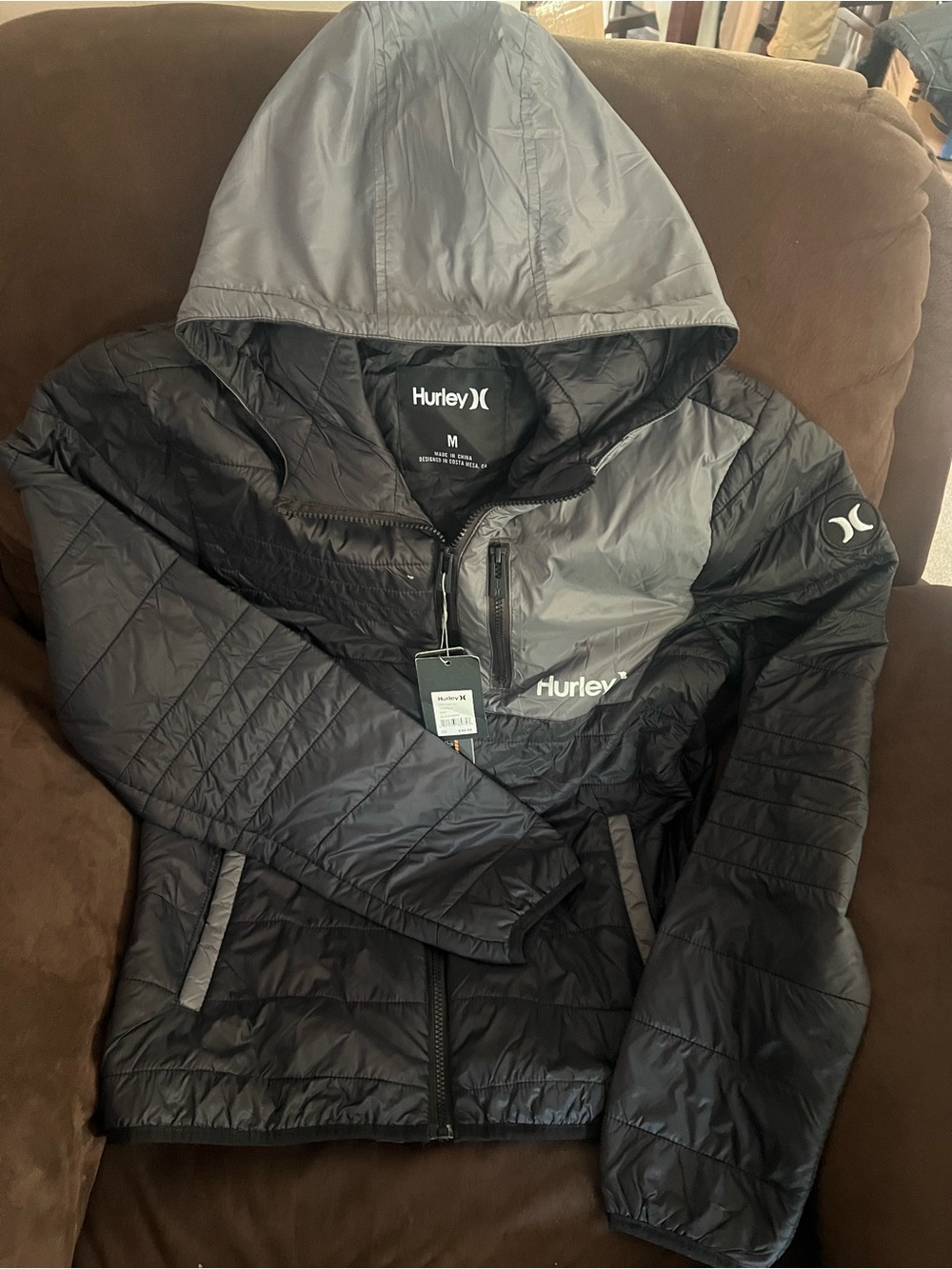 Hurley Two-Tone Black and Gray Quilted Hooded Jacket